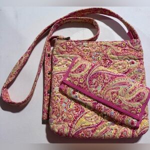 Chic Pink and Yellow Paisley Crossbody Bag & Wallet